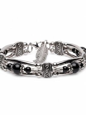 Womens Antique Silver Plated Black Bead Vintage Design Bracelet